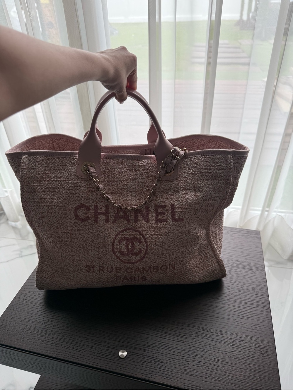 CHANEL Pink Canvas & Leather Trim Tote Bag